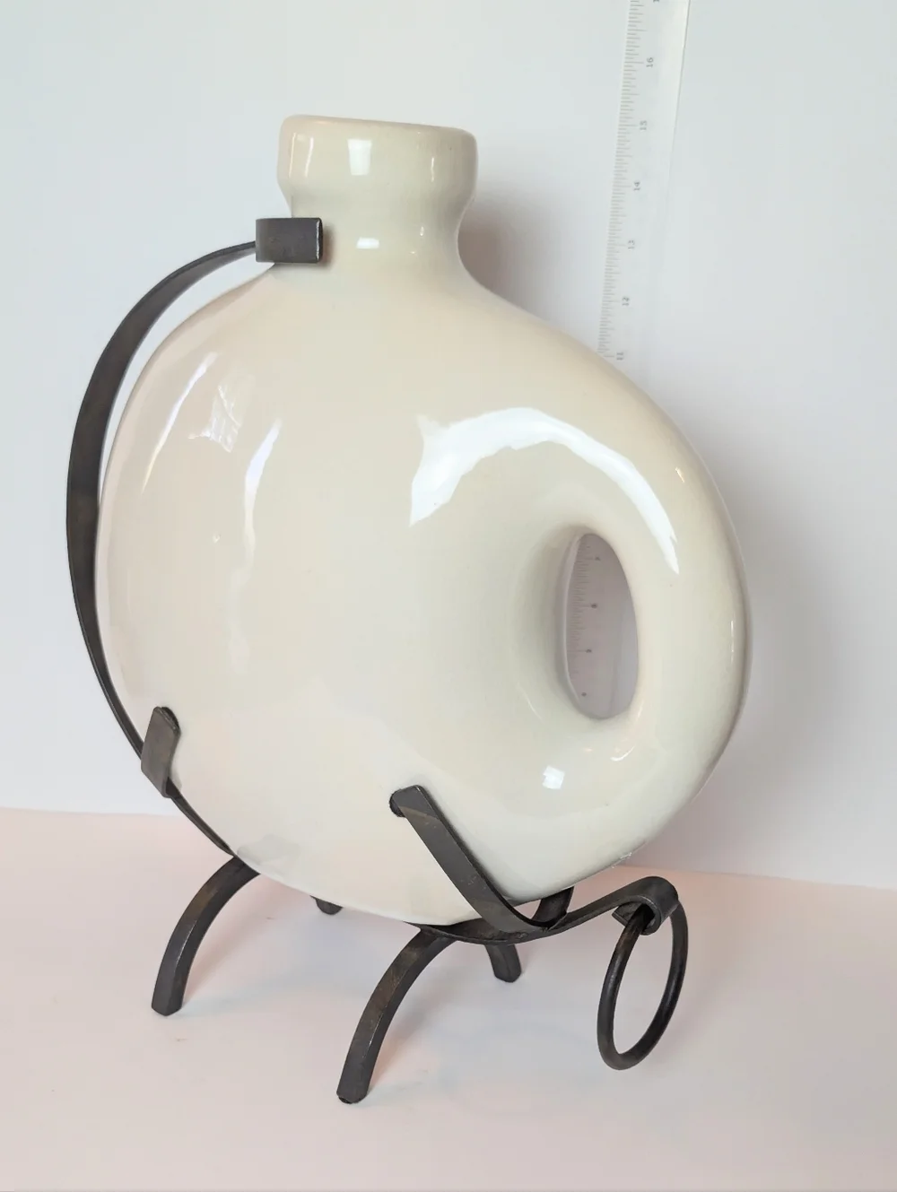Vintage Minimalist Round Ceramic Flask Vase in Cream‎ Mid-century Modern Iron